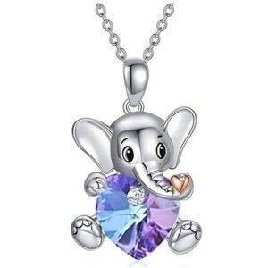 Silver Tone Heart Shape Elephant Rhinestone Crystal Necklace